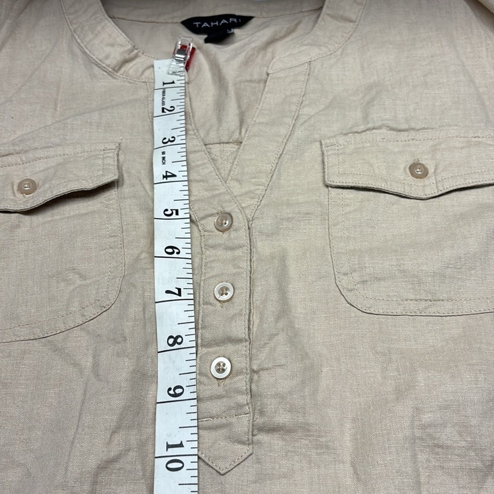 Tahari Linen Blend Long Sleeve 1/4 Button V-Neck Top Tan 1X - Picture 13 of 13